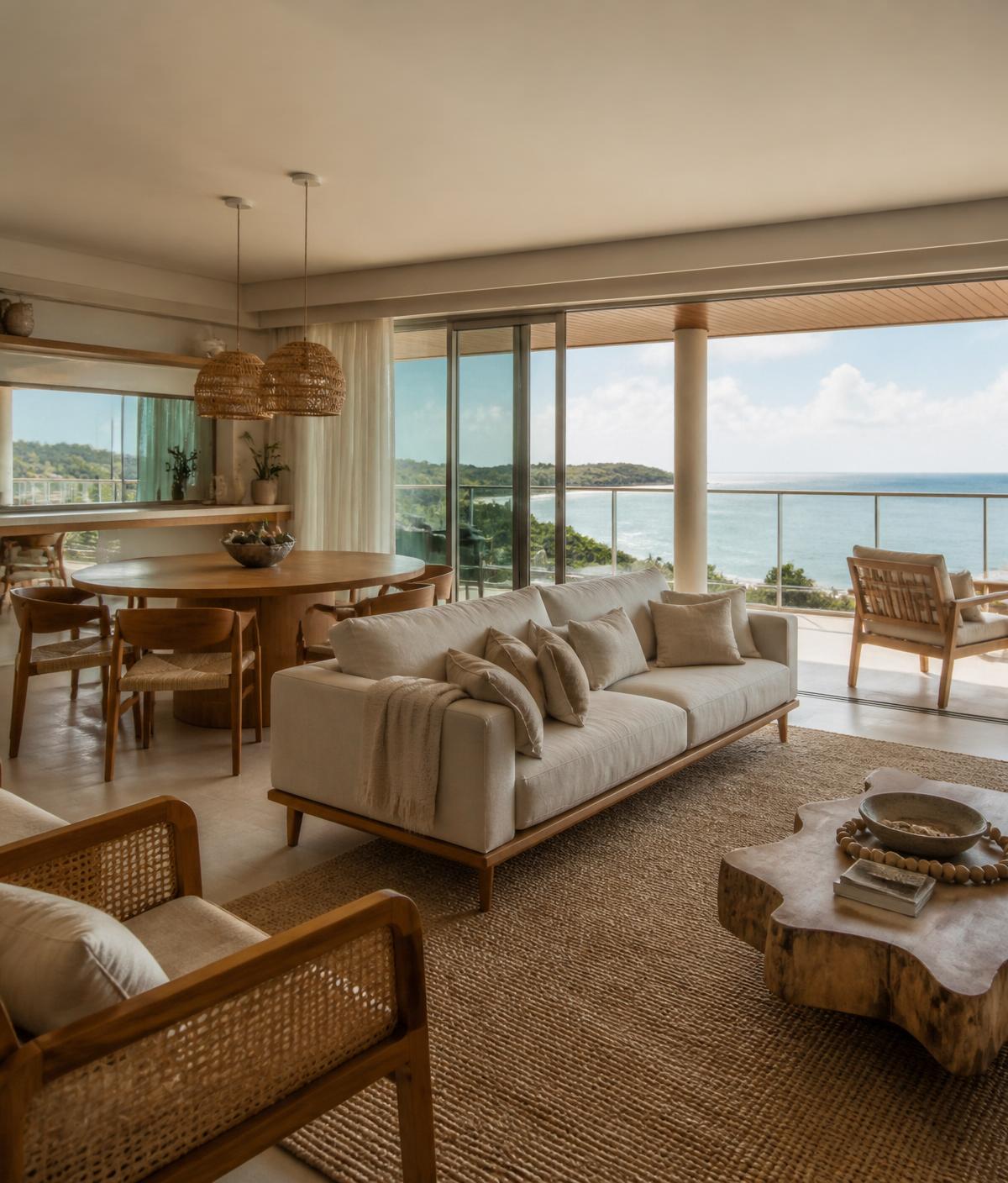 Interior de apartamento com vista para o mar